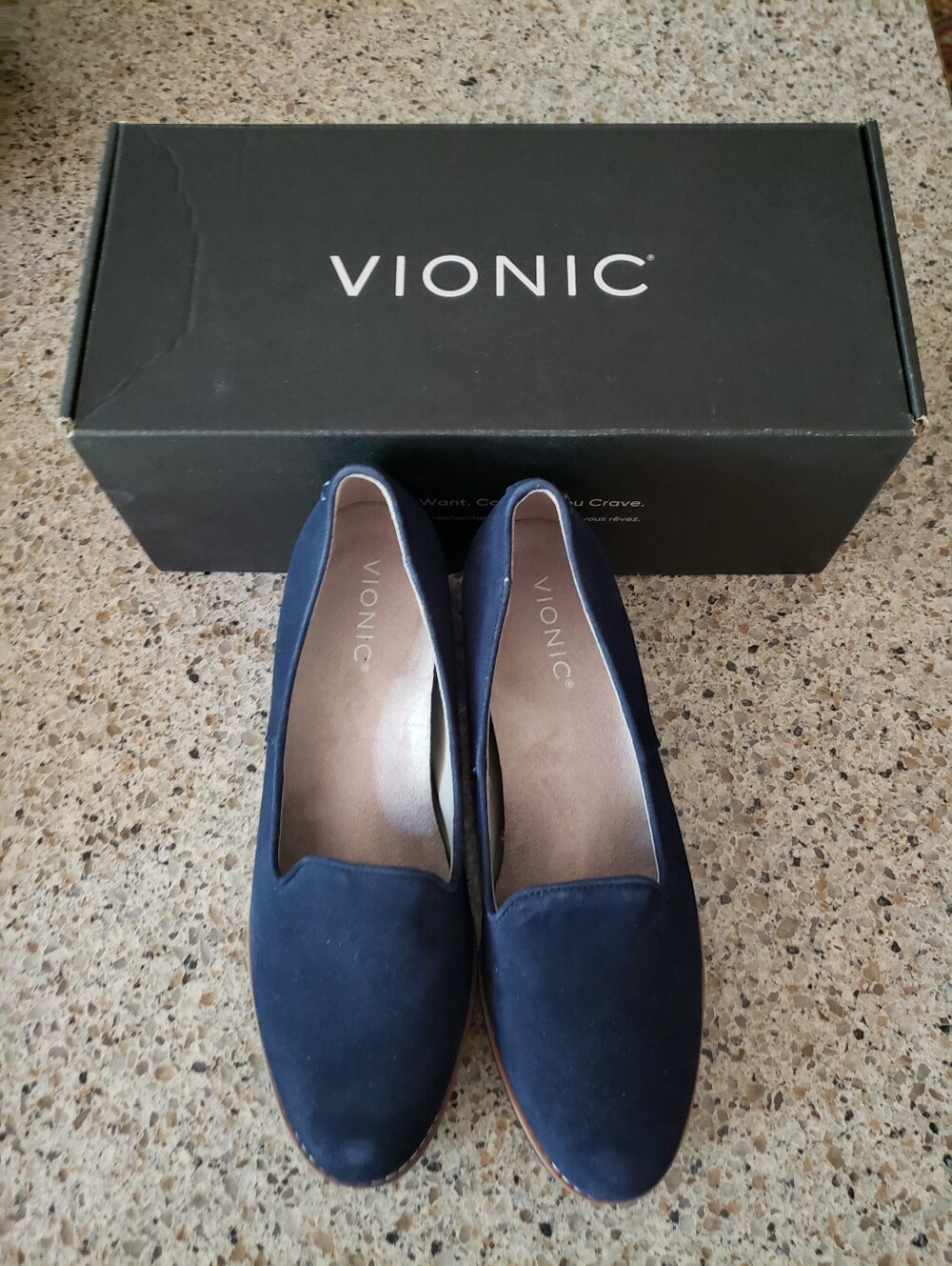 NIB Vionic Willa Wedge Navy Suede Moc Loafer